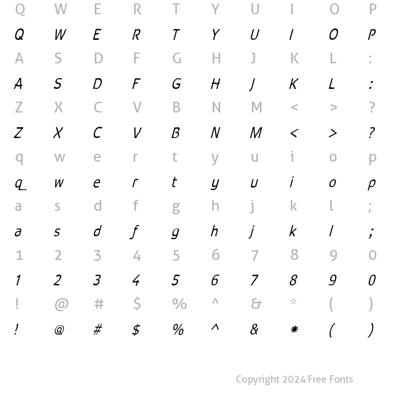 Character Map of Waverley Italic Regular