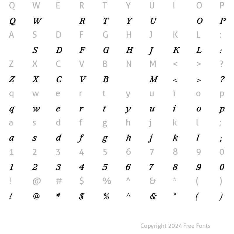 Character Map of WaverlyBoldItalic Regular