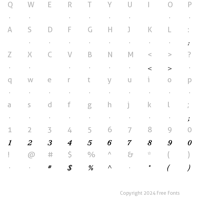 Character Map of WaverlyBoldItalicTab Regular