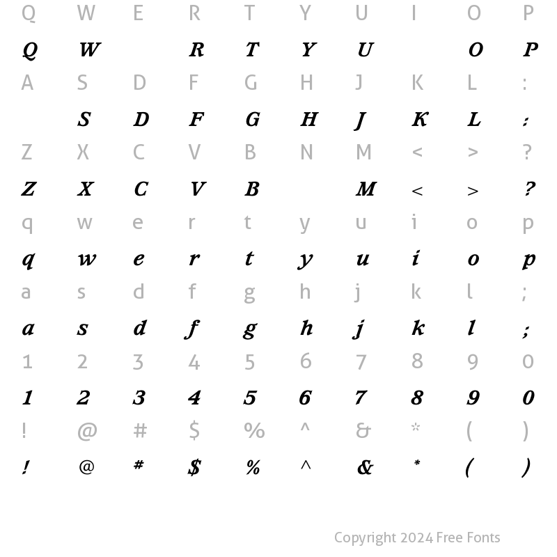 Character Map of WaverlyExtraBoldItalic Regular