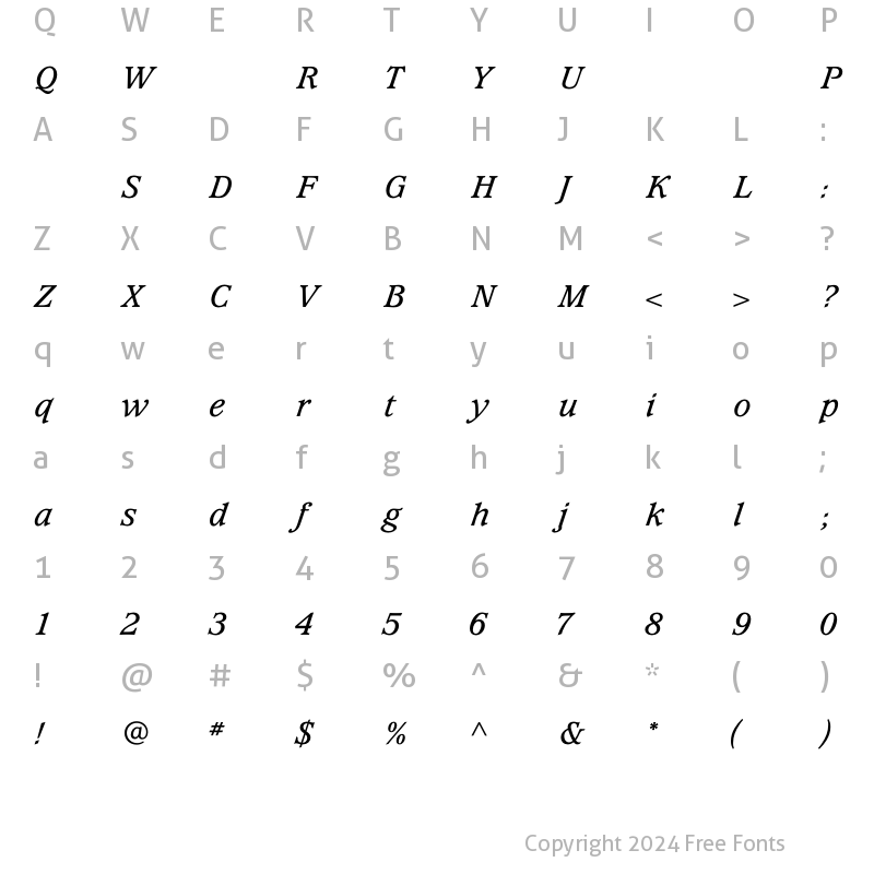 Character Map of WaverlyMediumItalic Regular