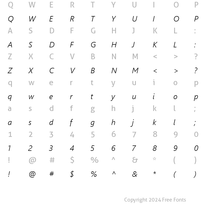 Character Map of WeblySleek UI Semilight Italic