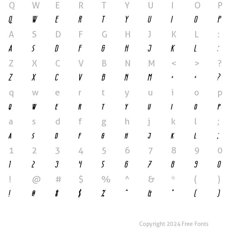 Character Map of Wellcome Paradise Bold Italic