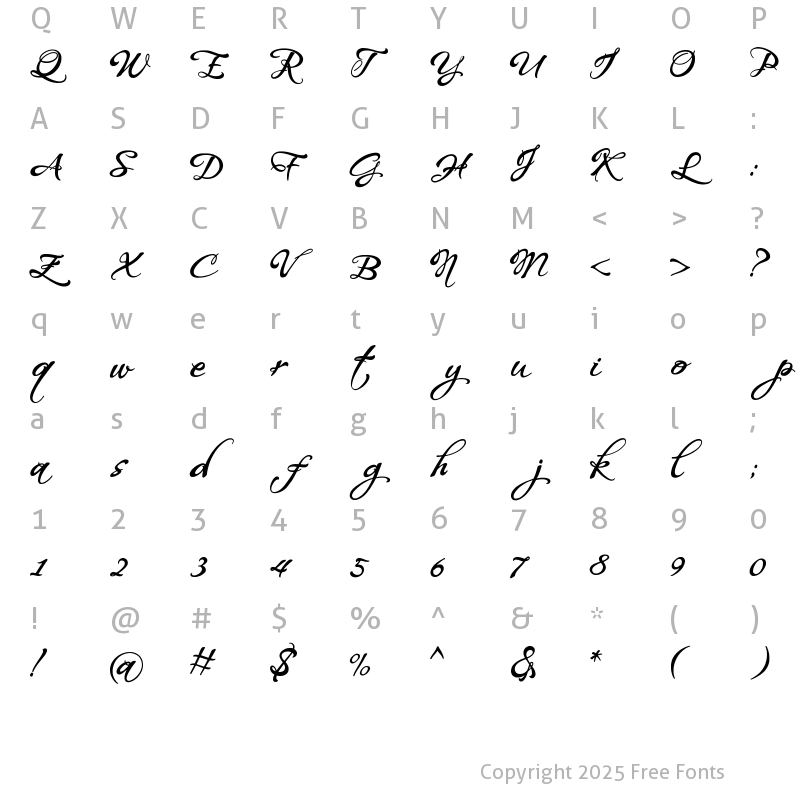 Character Map of WHISPERS CALLIGRAPHY_sinuous Regular