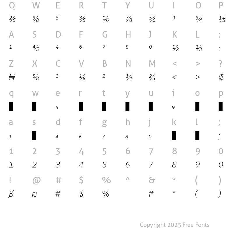 Character Map of Whitney Numeric - Light Italic