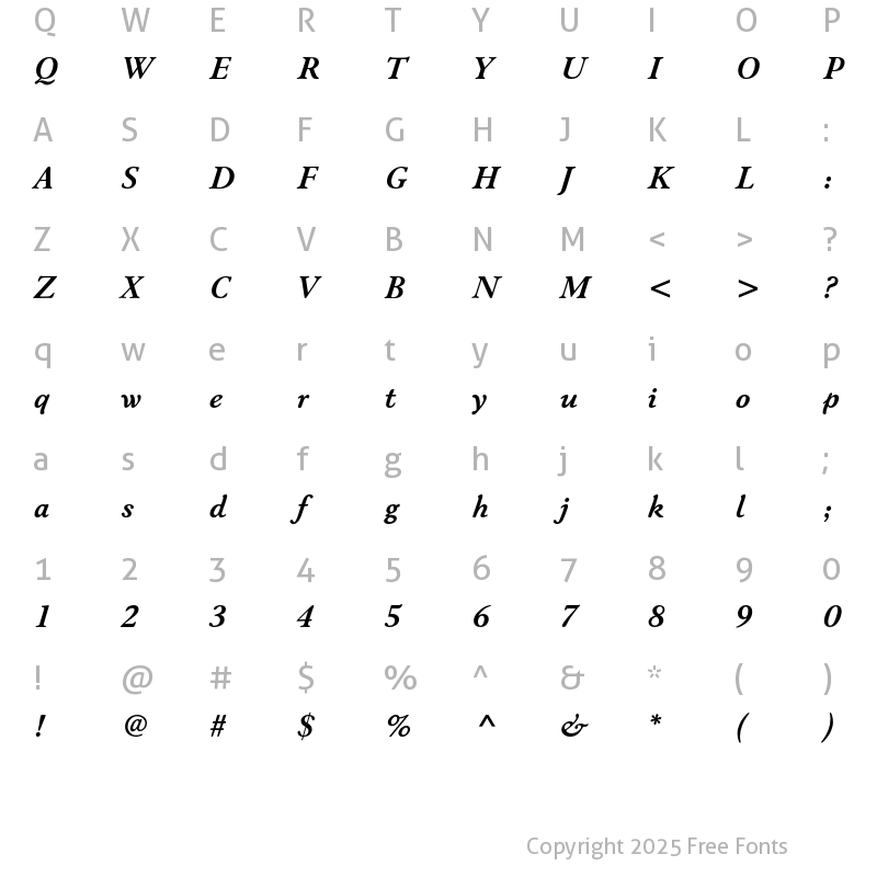 Character Map of Winchester New ITC Std Bold It