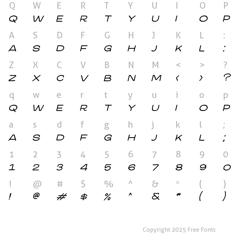 Character Map of Wrangbulf Typeface Slanted
