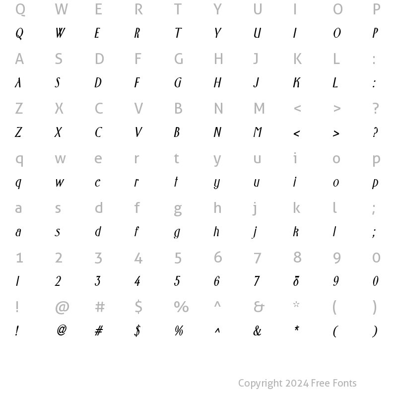 Character Map of Wright-Condensed Bold Italic