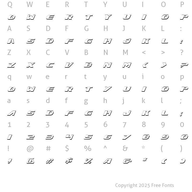 Character Map of Xcelsion Shadow Italic Shadow Italic