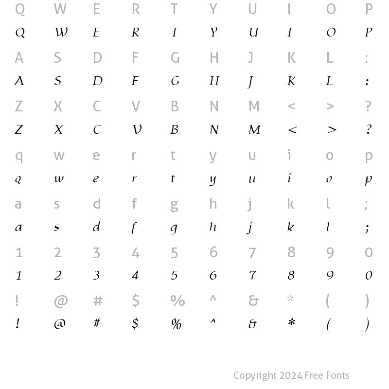 Character Map of Yngreena Italic