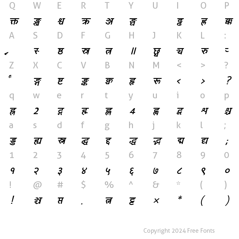 Character Map of Yogeshweb Bold Italic