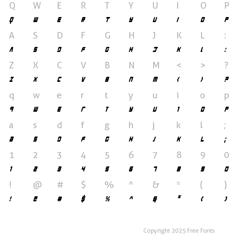 Character Map of Young Techs Condensed Italic Italic