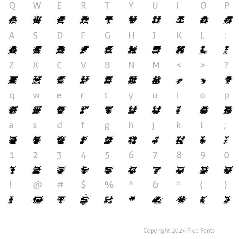 Character Map of Yr72 Inline Italic