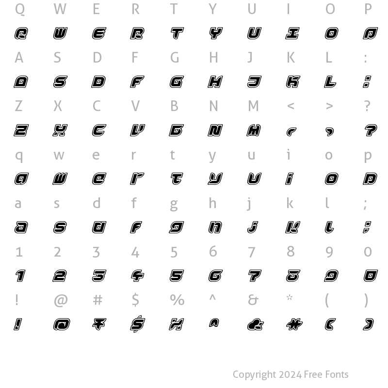 Character Map of Yr72InlineItalic Regular