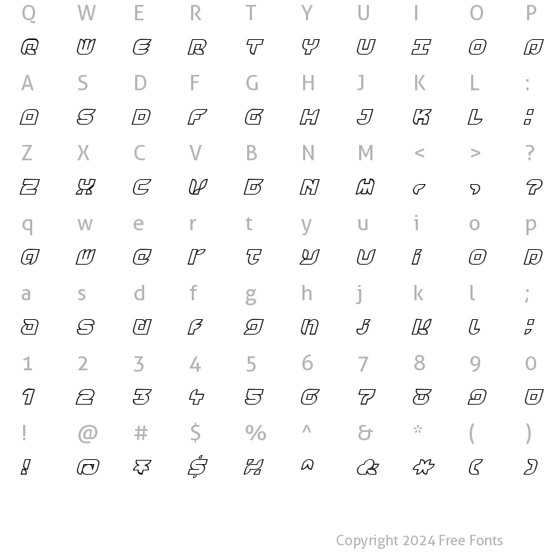 Character Map of Yr72OutlineItalic Regular