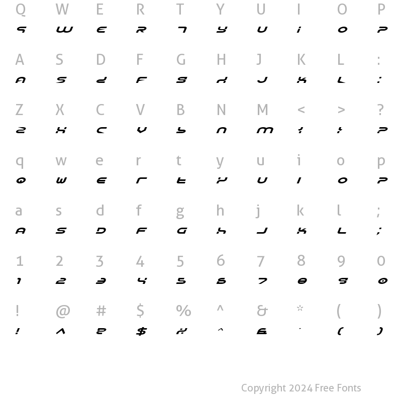 Character Map of Yukon Tech Expanded Italic Expanded Italic