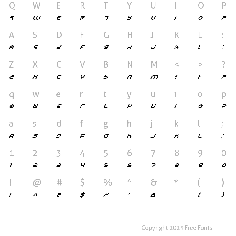 Character Map of Yukon Tech Italic Italic