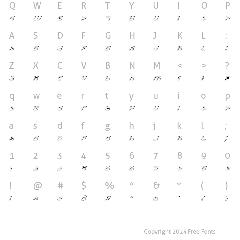 Character Map of Yukon Tech Shadow Italic Shadow Italic