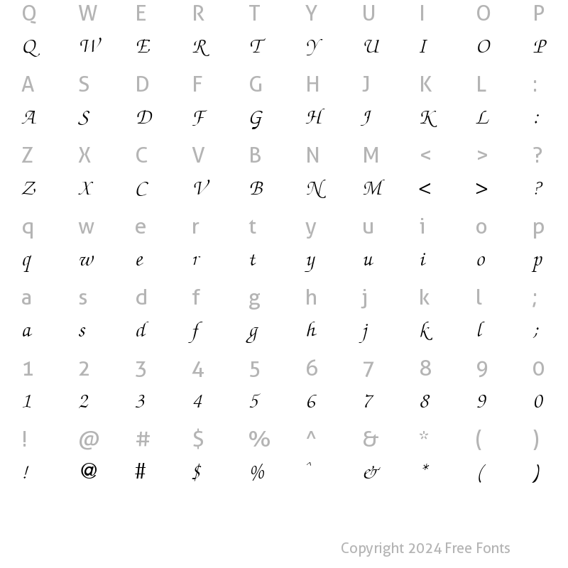 Character Map of ZabriskieScript Italic