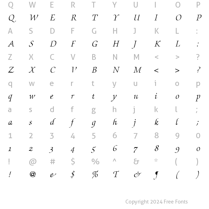 Character Map of ZabriskieScriptSwash Italic