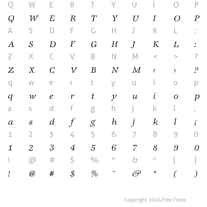 Character Map of Zapf InterLight Italic