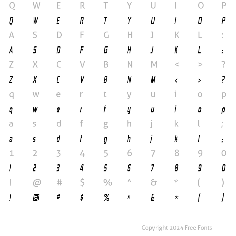 Character Map of Zekton Condensed Bold Italic