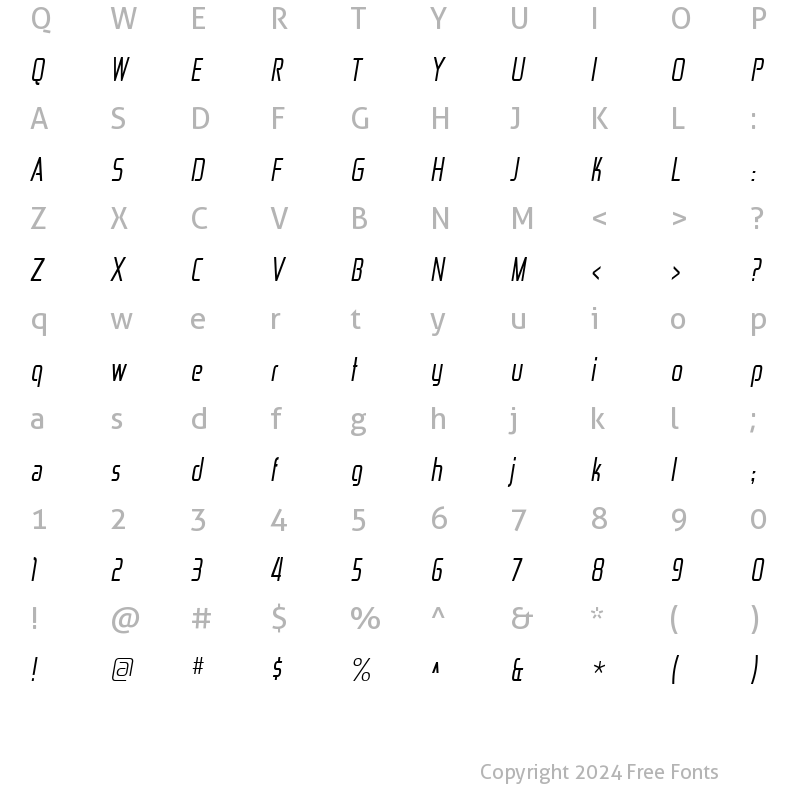 Character Map of Zekton Condensed Italic