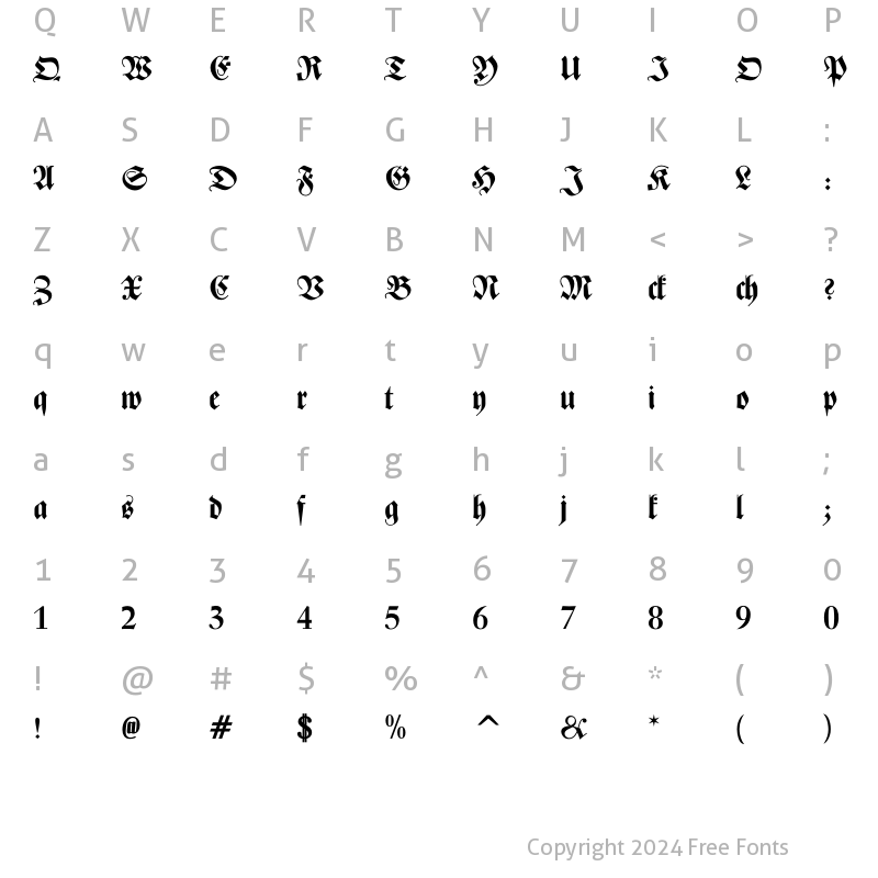 Character Map of Zentenar Fraktur Bold