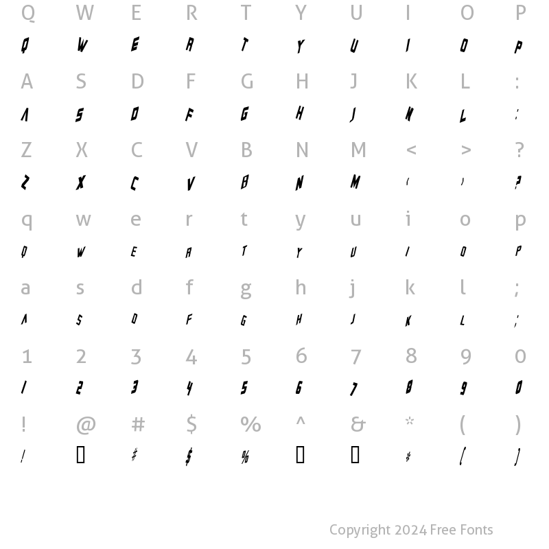 Character Map of Zero Gravity Italic