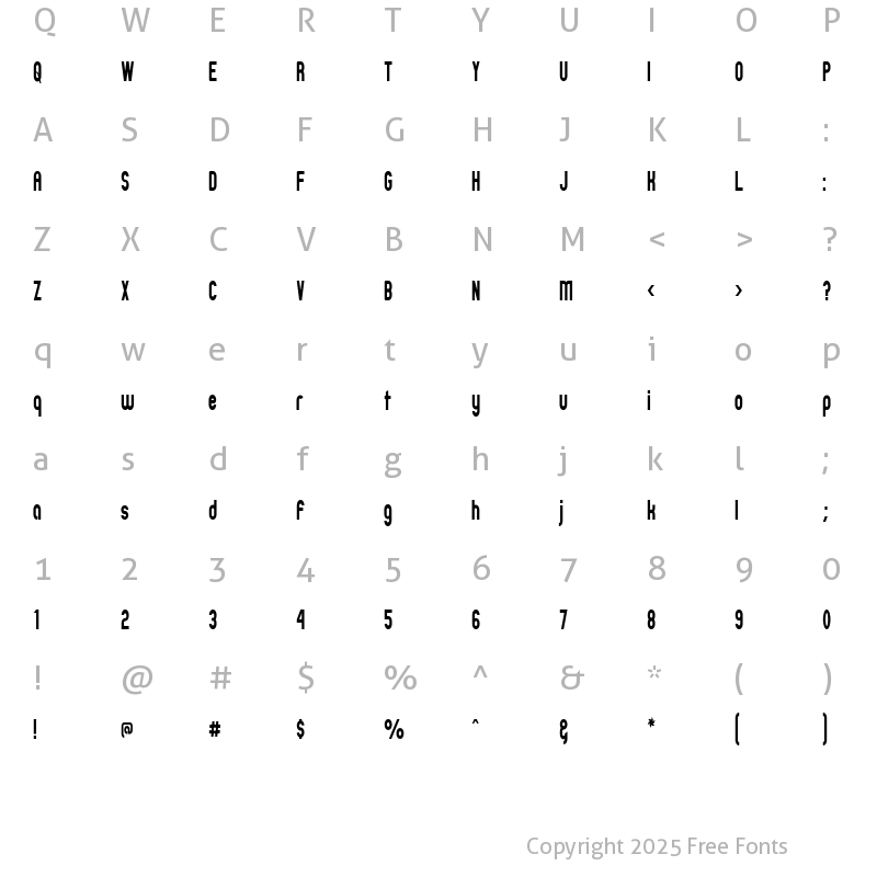 Character Map of Zillah Modern Narrow Regular
