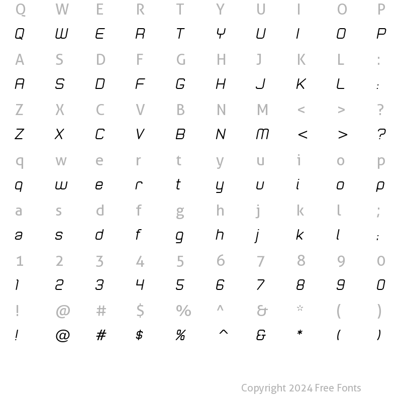 Character Map of Zolano Sans BTN Oblique