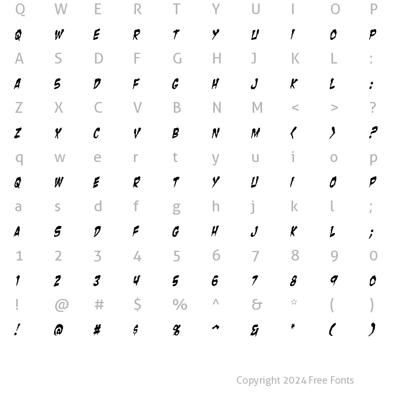 Character Map of Zombie Guts Yanked Italic