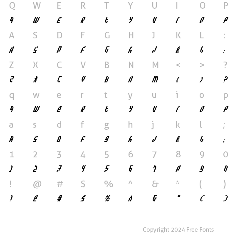 Character Map of Zone Rider Italic Italic