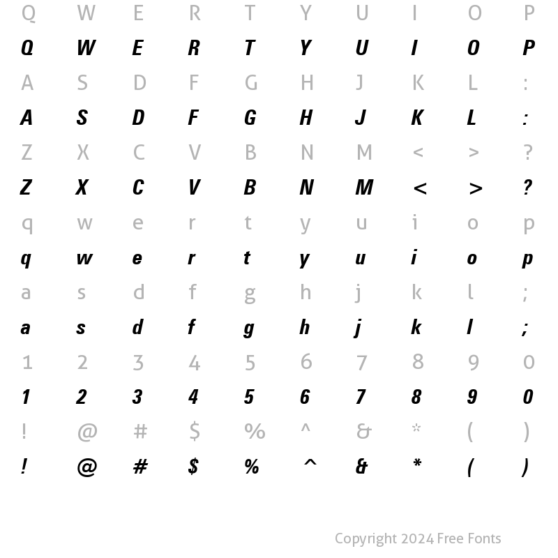 Character Map of Zurich Bold Condensed Italic BT