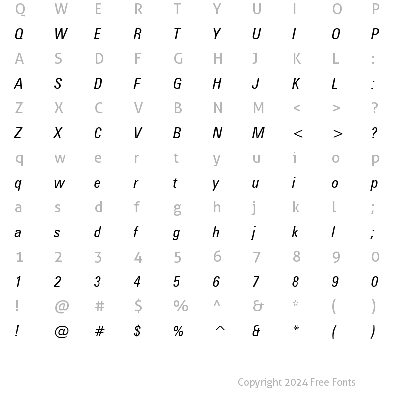 Character Map of Zurich Condensed Italic BT