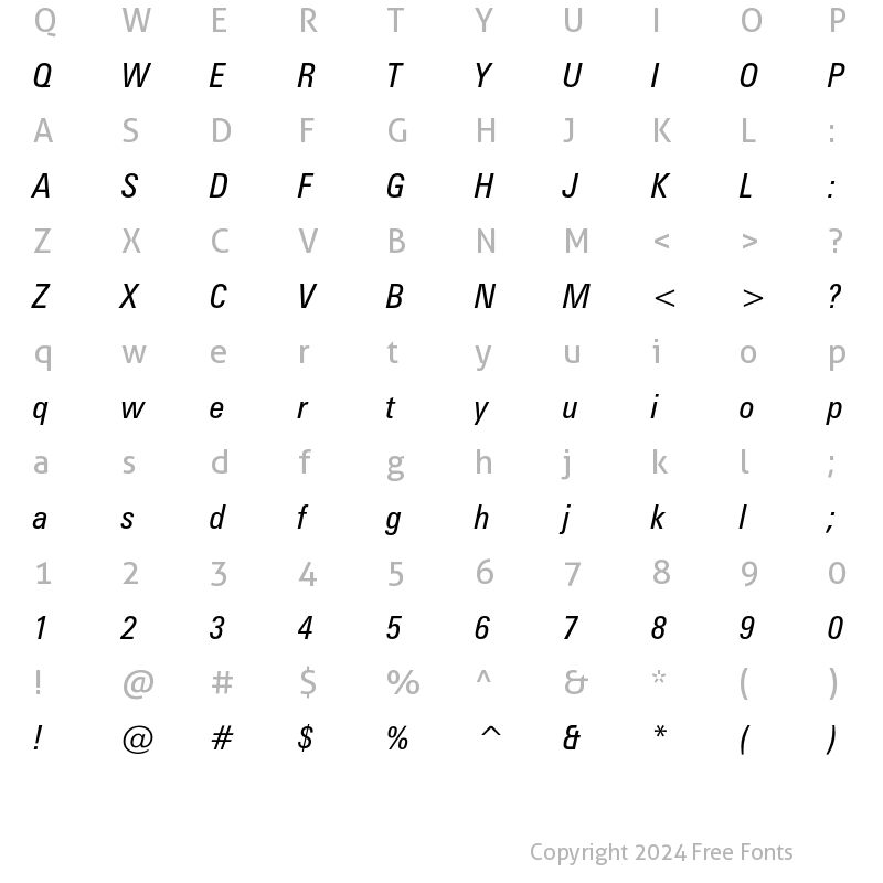 Character Map of Zurich Condensed Italic