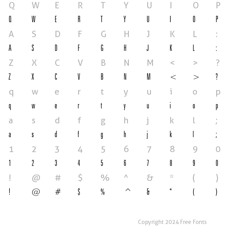 Character Map of Zurich Light Extra Condensed Regular